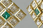 Emerald Princess cut , diamond cluster, bezel set yellow gold style earrings