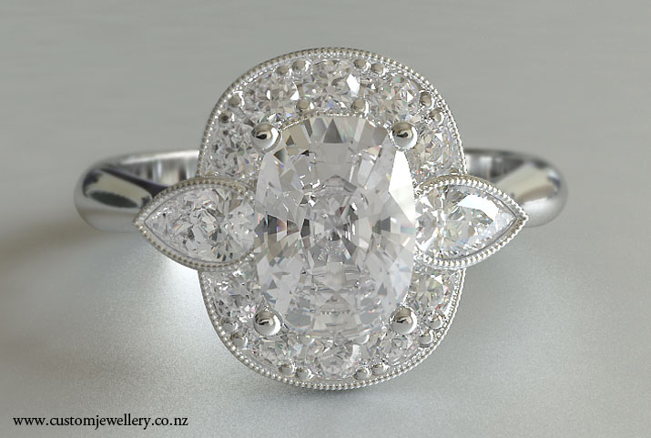 1ct Cushion Cut Diamond and Pear Diamond Cluster Dress Ring