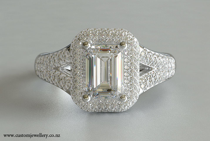 Emerald Cut  Diamond Pave Split Shank Engagement Ring