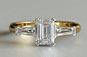 emeral cut diamond, yellow gold, 3 stone, three stone, baguette pair, tapered baguette