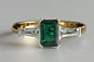 emeral cut emerald, yellow gold, 3 stone, three stone, baguette pair, tapered baguette