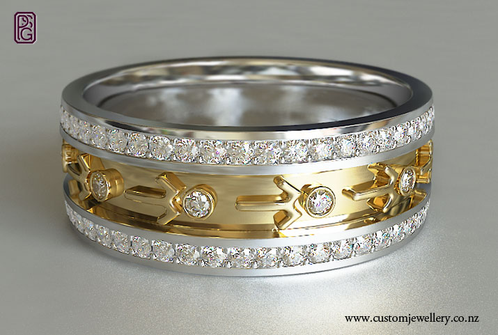 Seagul Motif Pacifica Yellow and White Gold Diamond Wedding Ring with ...
