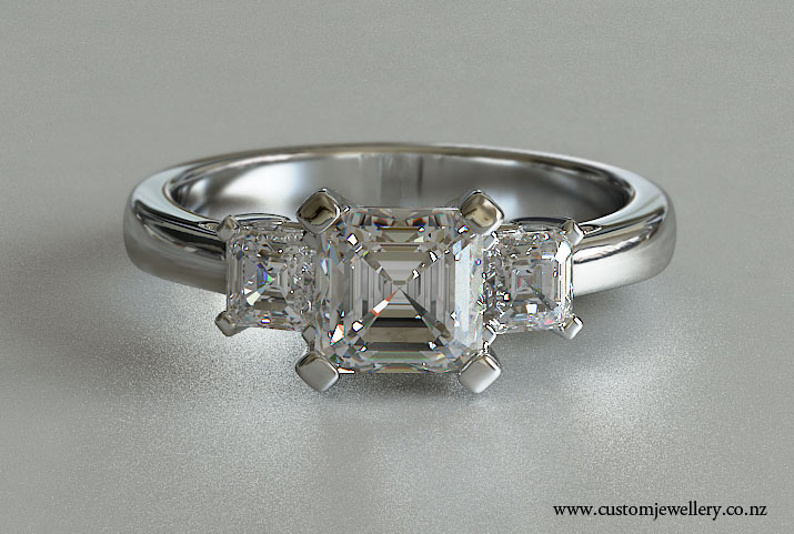 Three Stone Asscher Cut Diamond Engagement Ring