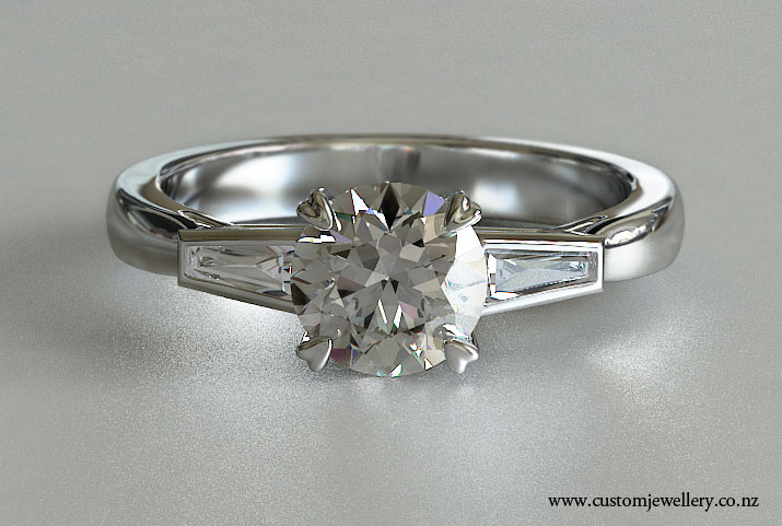 Vintage Style Round Brilliant Diamond Baguette Side Stones Engagement Ring