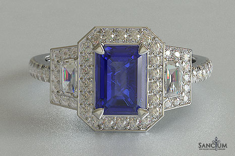 diamond ring engagement halo trapezoid sapphire emerald cut stone three nz brilliant stones shoulder