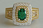 Cushion Cut Emerald and Baguette 3 Stone Yellow Gold Engagement Ring