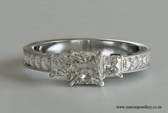 Princess Cut Engagement Ring 3-stone With Princess Sides and Round Shoulder Diamonds