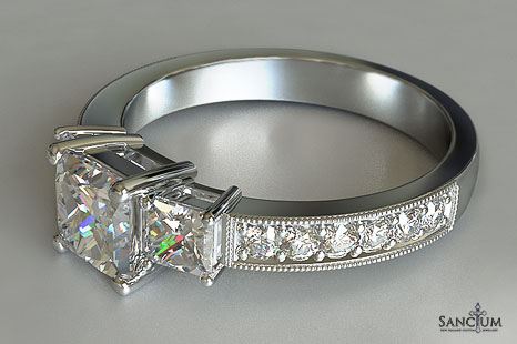 Princess Cut Engagement Three-stone Diamond Ring with Round Brilliant ...