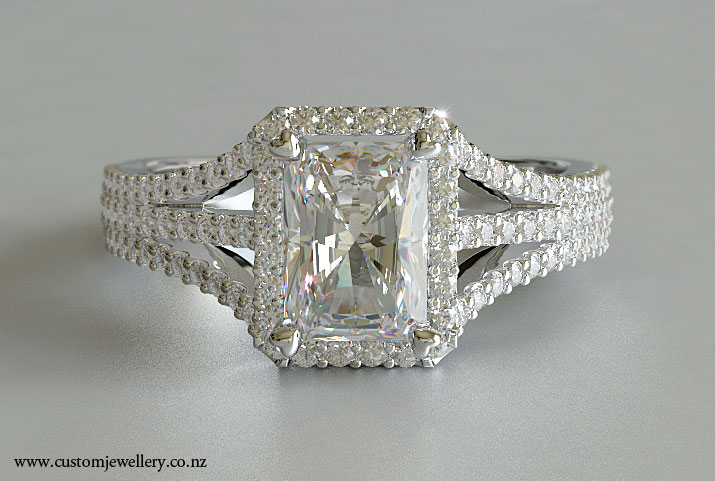 Radiant Diamond Engagement Ring Split Shank Halo