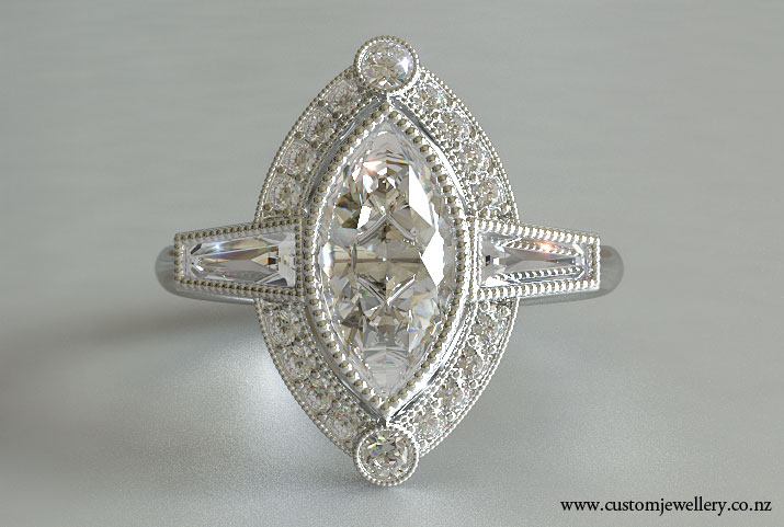 Marquise Baguette Diamond Art Deco Ring