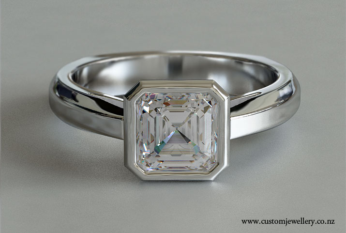Asscher Diamond Solitaire Engagement Ring Bezel Rubover