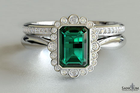 Vintage Emerald and Round Diamond Engagement Ring with Band New Zealand