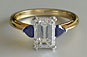 Three-stone Emerald and Heart Cut Sapphire Yellow Gold Engagement Ring