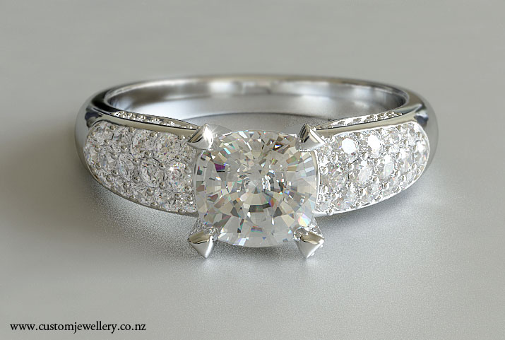Cusion Cut Diamond Engagement Ring Pave Shoulders