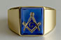 Mens Blue Cushion Shaped Masonic Ring - Yellow Gold