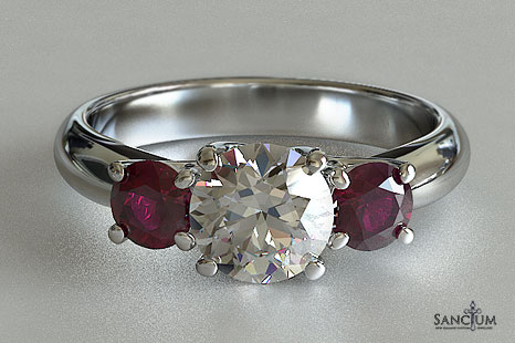 Diamond and Ruby Three-stone Lucida Style Engagement Ring New Zealand