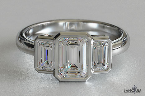 Emerald Cut Three Stone Bezel Set Engagement Ring New Zealand